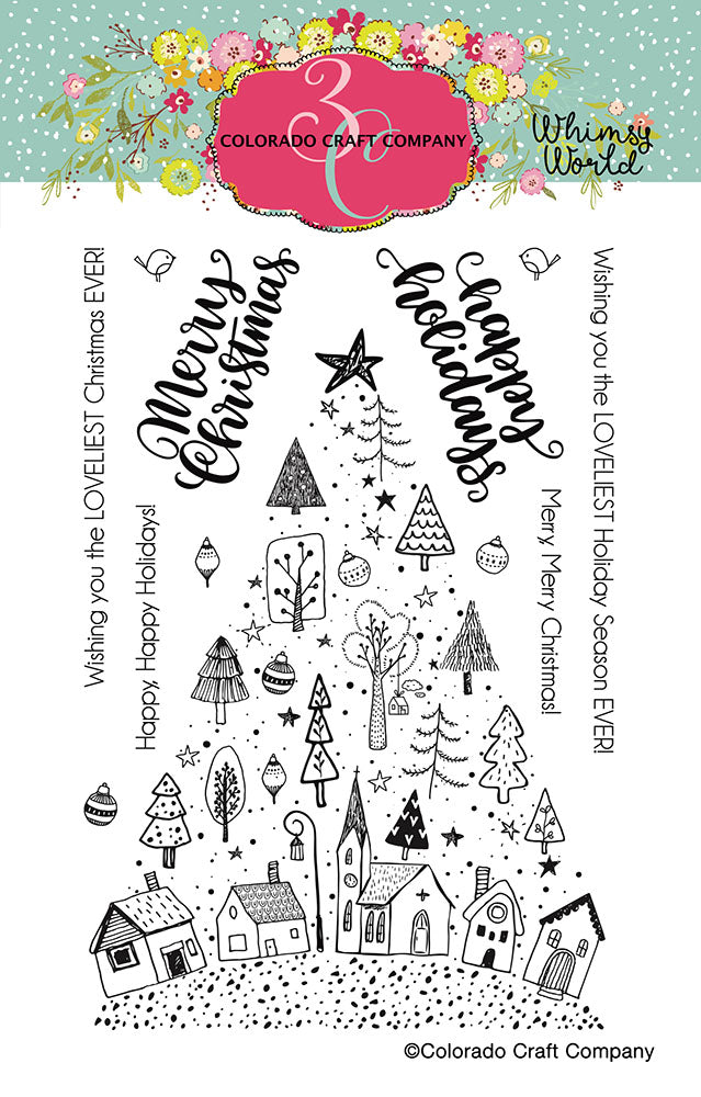 Colorado Craft Company - Whimsy World Collection - Clear Photopolymer Stamps - Christmas Town Tree - Design Creative Bling